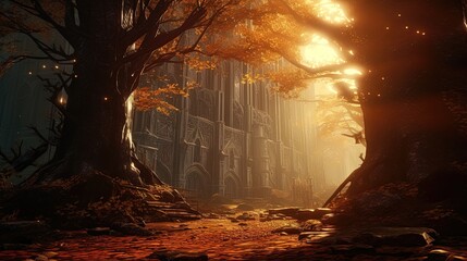 elvish castle in autumn forest with massive trees and extremely intricate structures