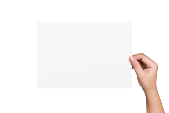 Hand holding blank white paper for entering your message. Objects with clipping path. Business and finance concept