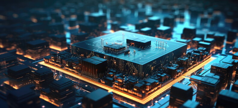 CPU city. Socety 5.0, IOT, smart city, smart grid concept image. Hand edited generative AI.