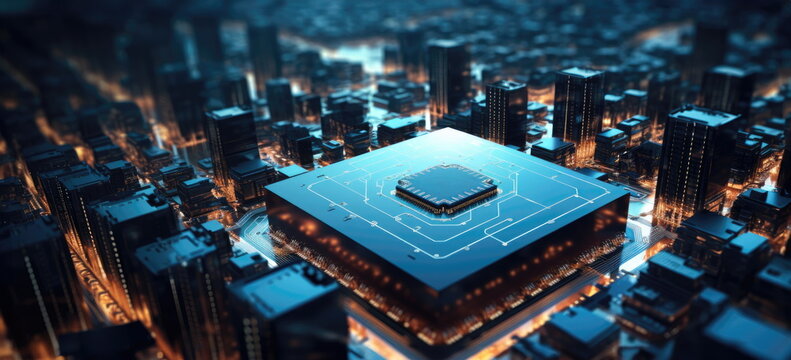 CPU city. Socety 5.0, IOT, smart city, smart grid concept image. Hand edited generative AI.