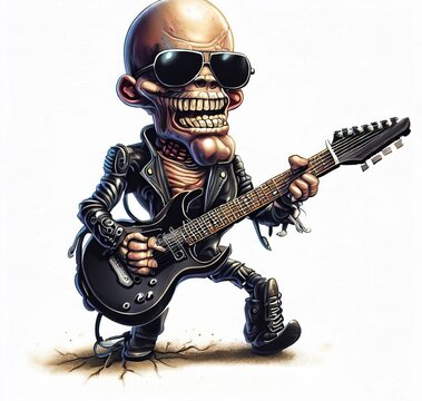 Rock music star skeleton man making music playing electric guitar, cartoon illustration.
