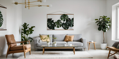 Empty minimalist modern living room with horizontal poster frame, tropical plants and large window