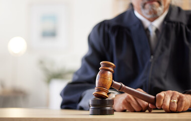 Closeup, hands and judge with a gavel of law, rule for order and attention to justice with legal...