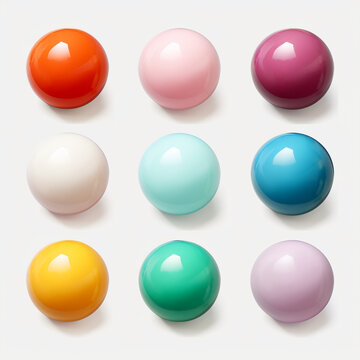 9 multicolored round shiny balls on a white background, three-dimensional image, isolated