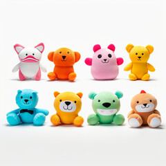 set of animal toys, funny colorful stuffed toys  in a row on a white background, isolated