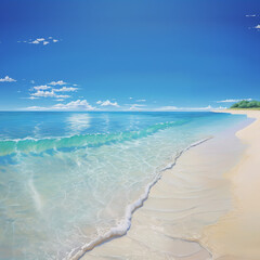 deserted peaceful beautiful ocean coast with blue water and white sand, clear blue sky, sunny day