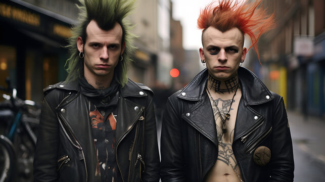 Two British punk rock men from the 1970s. Leather jacket, piercing, mohawk hair style and tough attitude on the street.