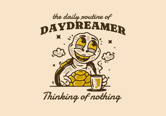 Daydreamer thinking of nothing, mascot character of turtle drink a coffee while daydreaming