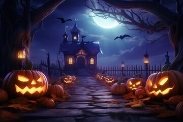 Fototapeta na wymiar Purple Halloween background with jack-o-lantern pumpkins and haunted house, created with generative ai