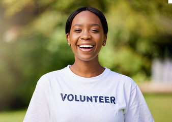 Happy, park volunteer and portrait of a black woman for cleaning, community work and service....