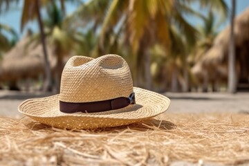 Straw hat on white sand near palm.