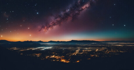 Night sky with stars and milky way over the mountains. Panorama