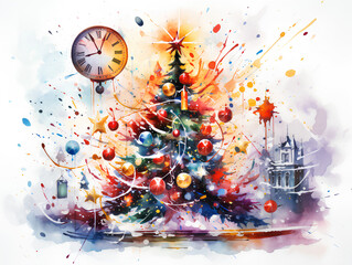watercolor drawing gifts, fireplace, christmas tree