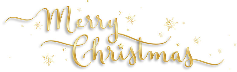 MERRY CHRISTMAS metallic gold brush calligraphy banner with snowflakes on transparent background