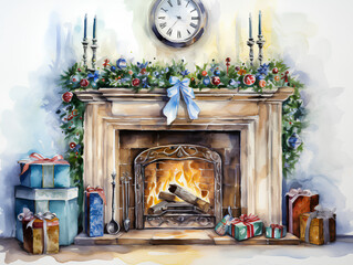 watercolor drawing gifts, fireplace, christmas tree