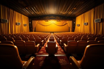  Bathed in vibrant yellow, a cinema theater beckons patrons with matching yellow seats, a luminous tribute to vintage charm and modern design.
