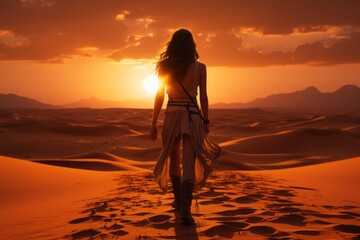 As the sun's fiery hues paint the desert sky, a lone traveler's silhouette stands juxtaposed against the vastness, a cinematic portrayal of solitude and boundless beauty.