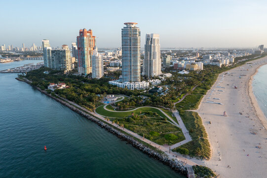 Aerial view of South Beach and South Pointe Park in Miami Beach, Florida at sunrise on calm clear summer morning.