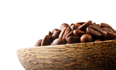 coffee beans in wooden bowl isolated