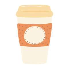 Paper coffee cup with cap hand drawn cartoon illustration. Flat style design, isolated vector. Kids autumn, fall print element, seasonal hot drink, tea, coffee, cocoa, chocolate, beverage