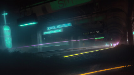 Cyberpunk subway With neon backlight contours. Retro wave style. Futuristic high-speed express passenger train. Logistics of the future, modern technologies. 