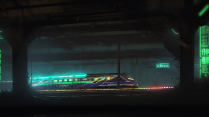 Cyberpunk subway With neon backlight contours. Retro wave style. Futuristic high-speed express passenger train. Logistics of the future, modern technologies. 