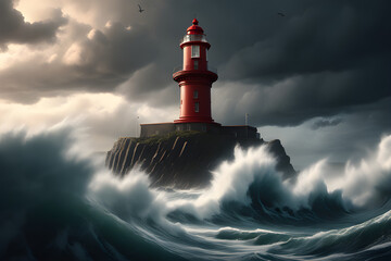 A lighthouse in the face of a storm and waves