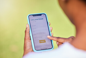 Phone screen, volunteer digital application and hands, charity and NGO with help, donation and mobile app. Internet, paperless and person sign up, information and non profit organization with care