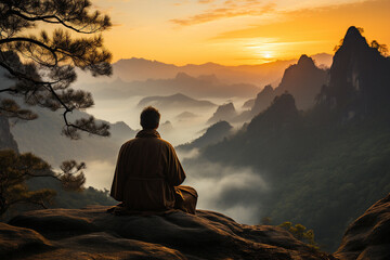 A solitary figure practicing yoga on a cliff edge
