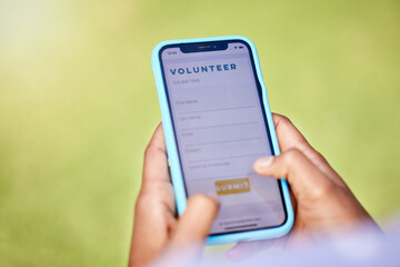 Phone screen, volunteer and hands, register online for charity and NGO with help, donation and mobile app. Internet, digital application and person sign up, info and non profit organization with care