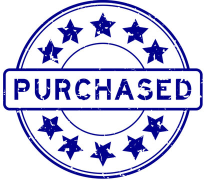 Grunge blue purchased word with star icon round rubber seal stamp on white background