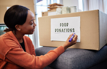 Food, donation and charity with black woman and box for volunteer, helping and support. Grocery, community service and hope with person at home for ngo package, nonprofit and social responsibility - obrazy, fototapety, plakaty