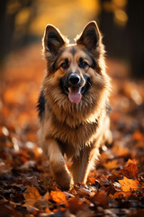 German shepherd dog on a walk in an autumn forest