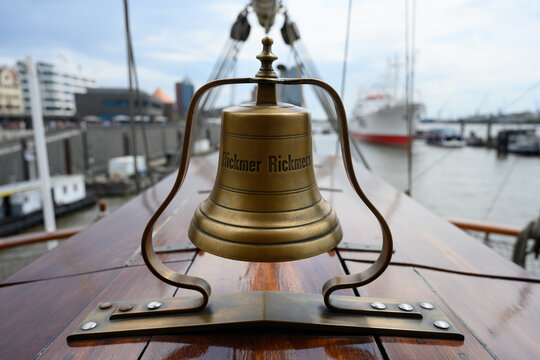 Hamburg, Germany - June 15 2023: Rickmer Rickmers Ship Bell in Hamburg, Germany on a Traditional Sailing Ship on the River Elbe