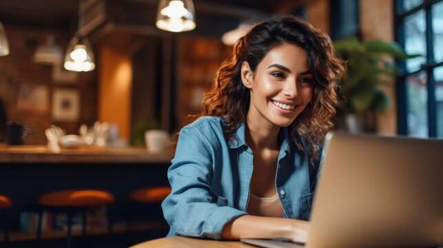 Photo of joyful nice woman using laptop. Beautiful Businesswoman typing on laptop. Generative AI