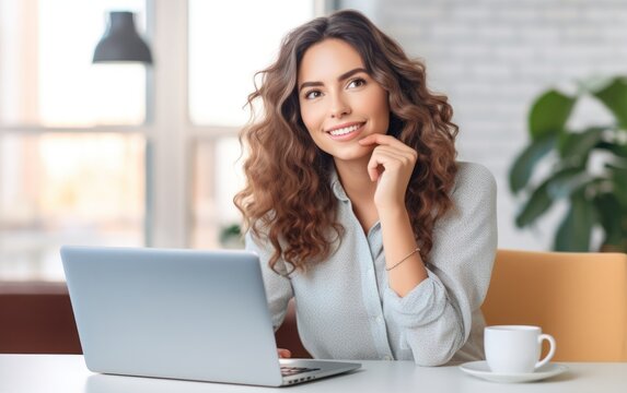 Photo of joyful nice woman using laptop. Beautiful Businesswoman typing on laptop. Generative AI