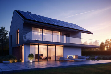 power eco solar house energy panel home modern architecture design. Generative AI.