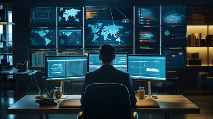 a man doing work with AI big data, using a normal lens in an office setting