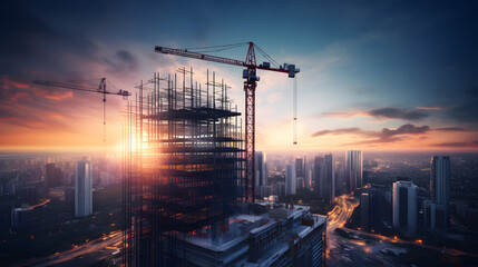Construction of a skyscraper with cranes against the backdrop of the sunset