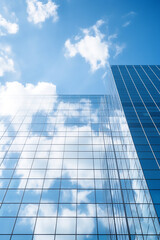 Fototapeta na wymiar Reflective skyscrapers, business office buildings. Low angle photography of glass curtain wall details of high-rise buildings.The window glass reflects the blue sky and white clouds. High quality