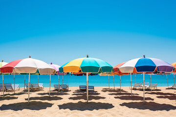 Fototapeta na wymiar Colorful umbrellas on the sandy beach. Vacation concept