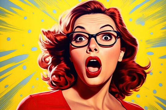 Pin up, pop art retro surprised, astonished, shocked, funky open-mouthed young woman with wow face, close up digital painting style portrait.
