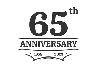 65 years anniversary logo, icon or label. 65th jubilee, birthday celebration vintage design template. Wedding, invitation card element. Vector illustration.