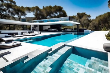Fototapeta premium swimming pool in the resort, A luxurious house with a modern design sits amidst a lush green landscape, boasting a unique feature - a stunning swimming pool on top