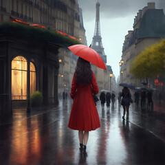 girl in red dress with red umbrella walks the streets of paris on a rainy day, abstract oil painting, art