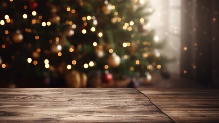 Leerer Holztisch, weihnachtlich geschmückter Tannenbaum mit Lichterkette vor verschwommenen Hintergrund, Platz für Warenpräsentation oder Text 