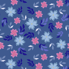 Fototapeta na wymiar Pink Blue Flower and Leaf Allover Seamless Pattern Design Artwork 