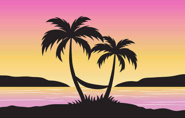 Fototapeta na wymiar Summer Sunset Tropical Paradise Island Palm Tree Seascape Artwork Background 