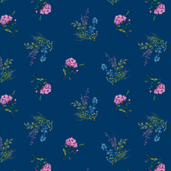 Fototapeta na wymiar Wildflower and Pink Carnation Flower Allover Seamless Pattern Design Artwork 