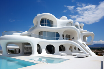Futuristic architecture, sustainable building design, painted in white. High quality photo